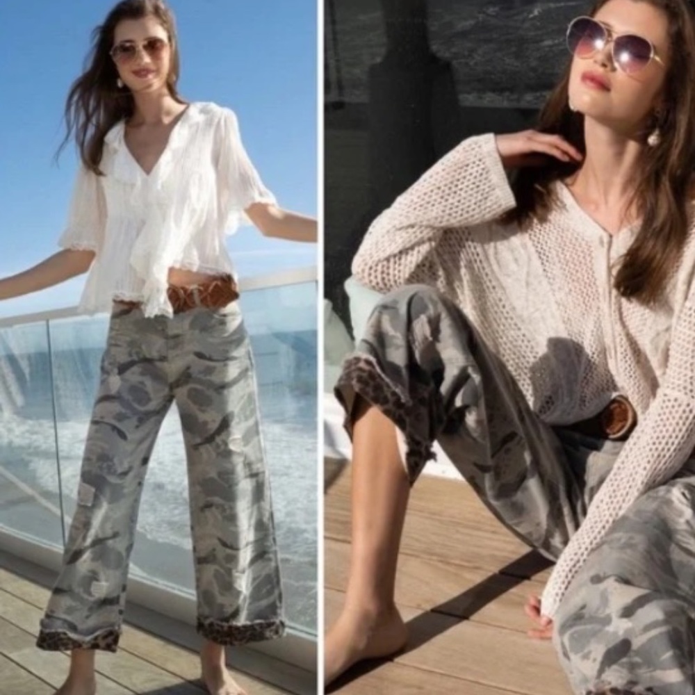 POL Camo Wide Leg Pants -- Size S Small - Leopard cuff - Animal print